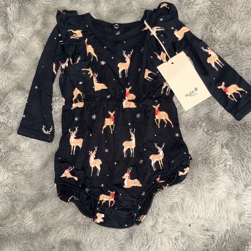 Kyte BABY Black Ruffled Long-Sleeve Reindeer One-Piece